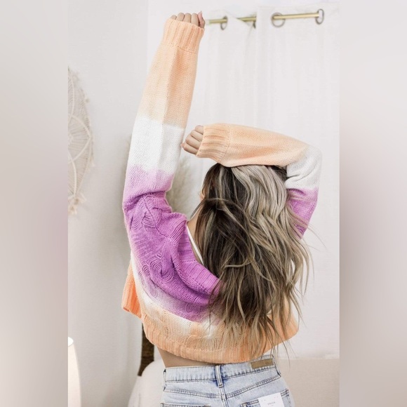 Lilac Orange Colorful Off the Shoulder Cable Knit Sweater - Picture 3 of 6